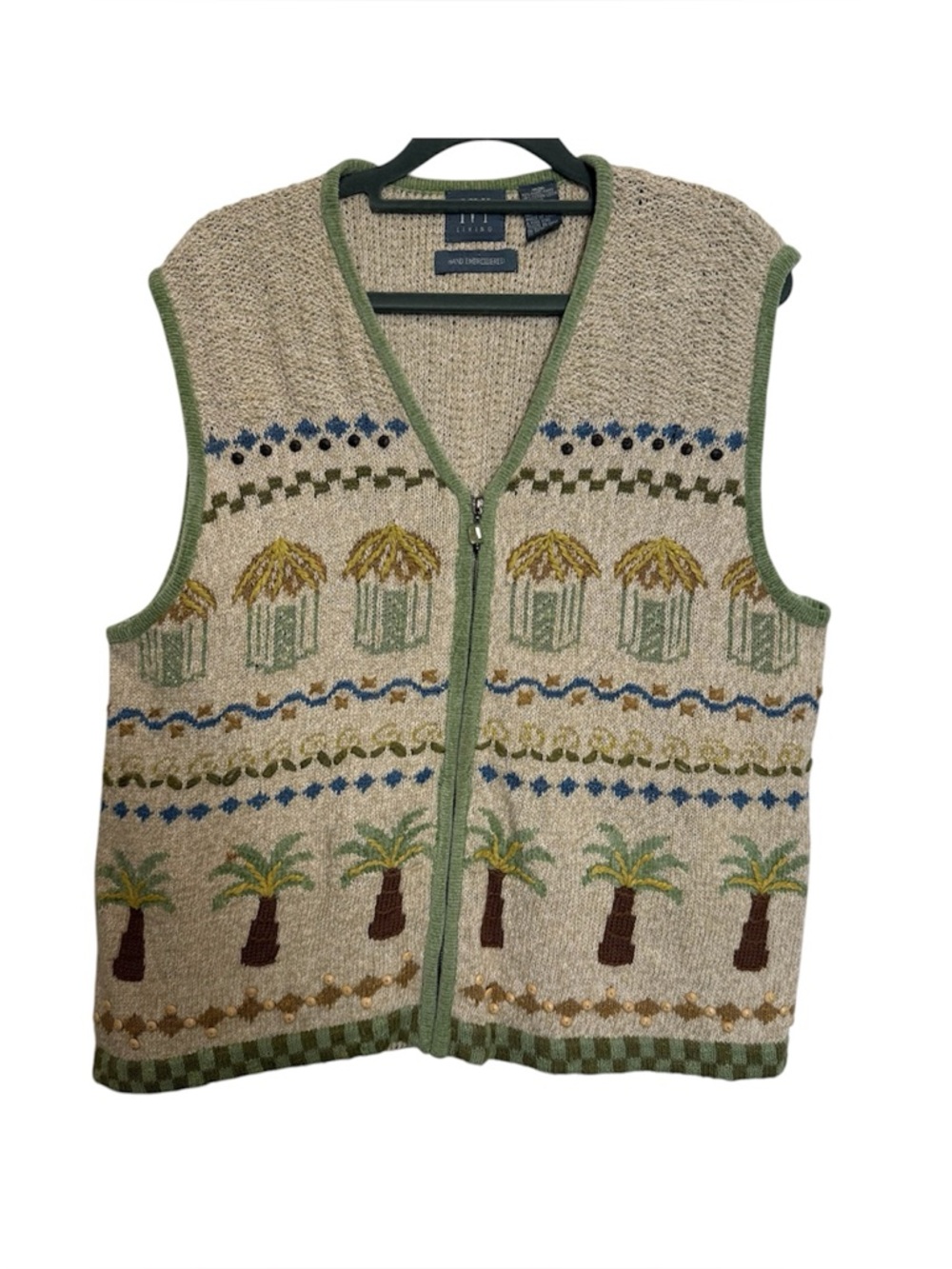 Ivy Living Embroidered Sweater Vest XL Tropical Palm Zip Coastal Resort